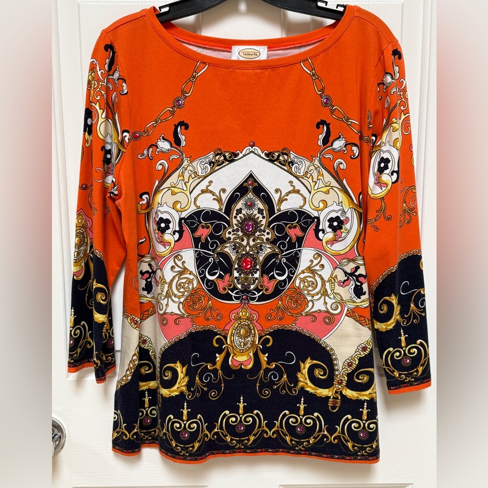 Talbot’s Orange and Dk Navy versace-like printed top